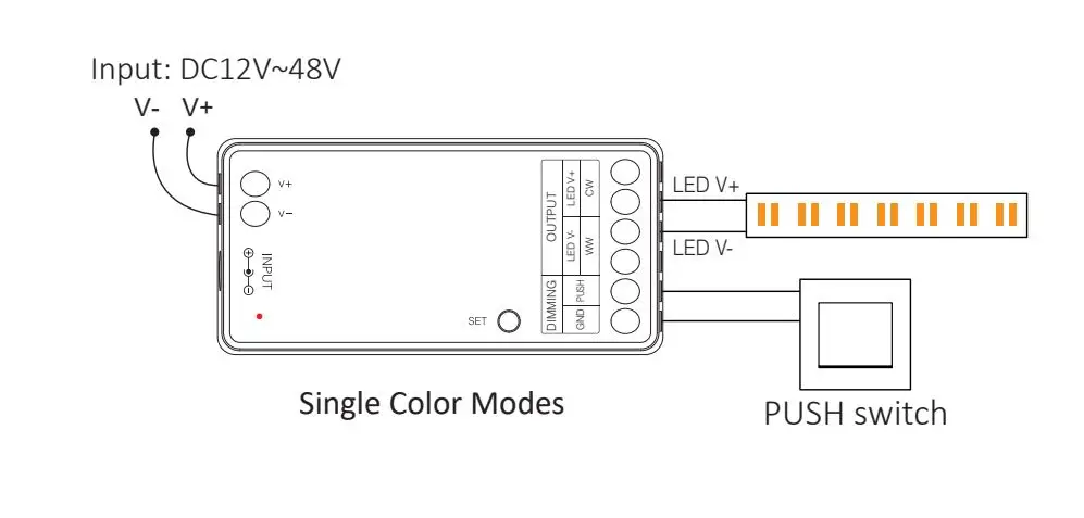 Димер/контролер Mi-Light Dim+CCT 10А RF 2.4G + PUSH DIM 12-48V димер Mi-Light, димер 10А, RF сенсор димер, Dim+CCT, PUSH DIM, димер для LED 12–48V, LED димер, димер для стрічки, димер двоканальний, контролер Mi-Light