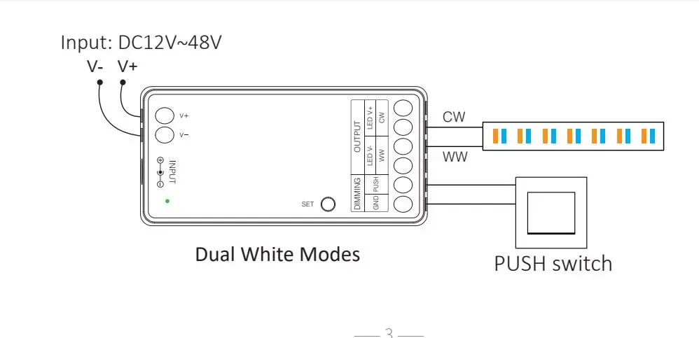 Димер/контролер Mi-Light Dim+CCT 10А RF 2.4G + PUSH DIM 12-48V димер Mi-Light, димер 10А, RF сенсор димер, Dim+CCT, PUSH DIM, димер для LED 12–48V, LED димер, димер для стрічки, димер двоканальний, контролер Mi-Light