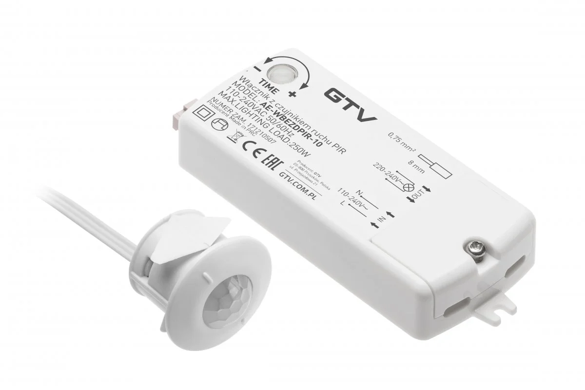 Вимикач з датчиком руху PIR GTV 220V max 250W вимикач з датчиком руху GTV, PIR сенсор, автоматичне включення світла, 220V 250W, LED підсвітка, коридор, сходи, ванна