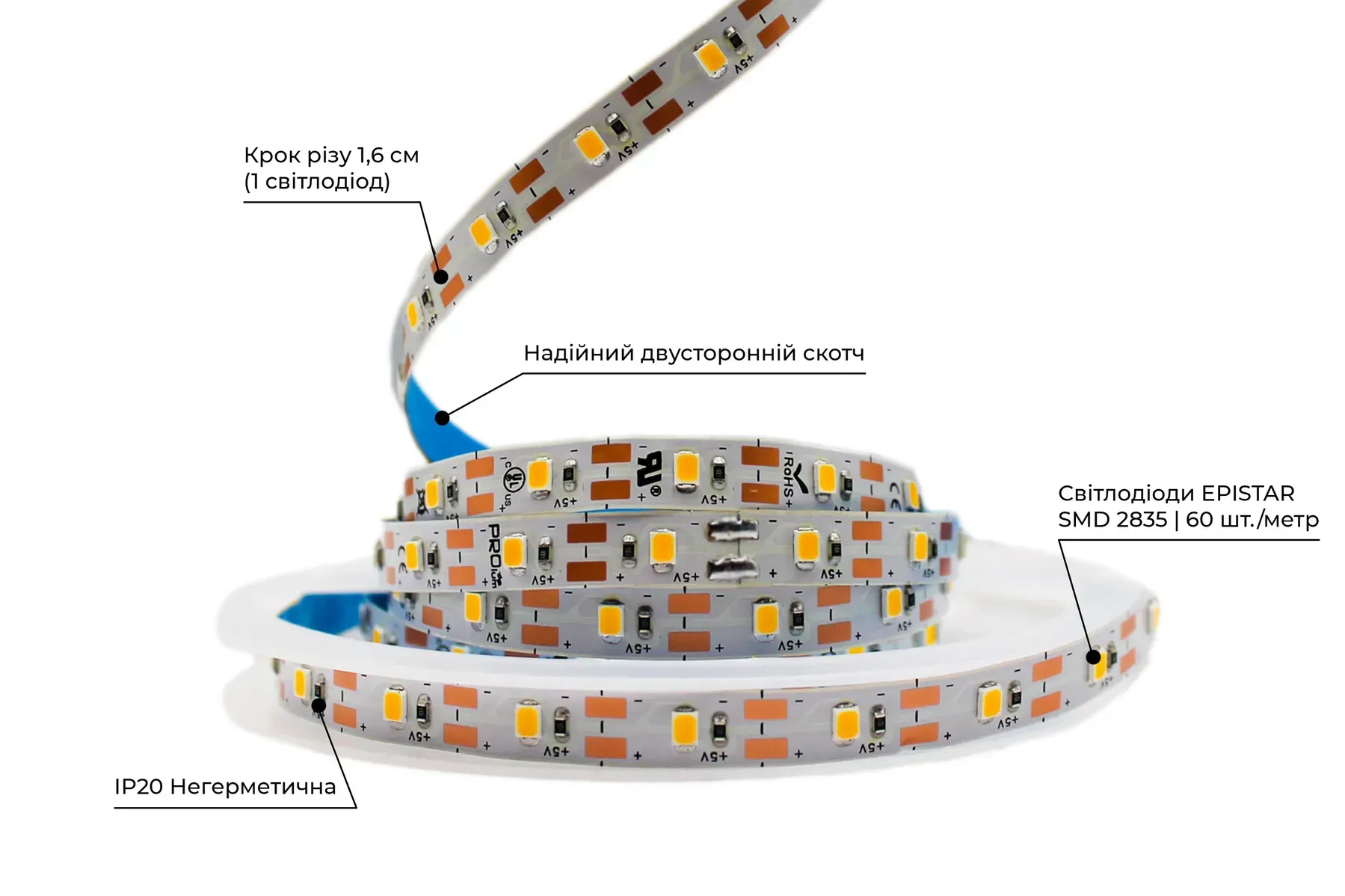 PROLUM S SMD2835 60LED 4W/m 5V IP20 (3000K) світлодіодна стрічка PROLUM S 5V, світлодіодна стрічка 3000K, LED стрічка для меблів, купити LED стрічку