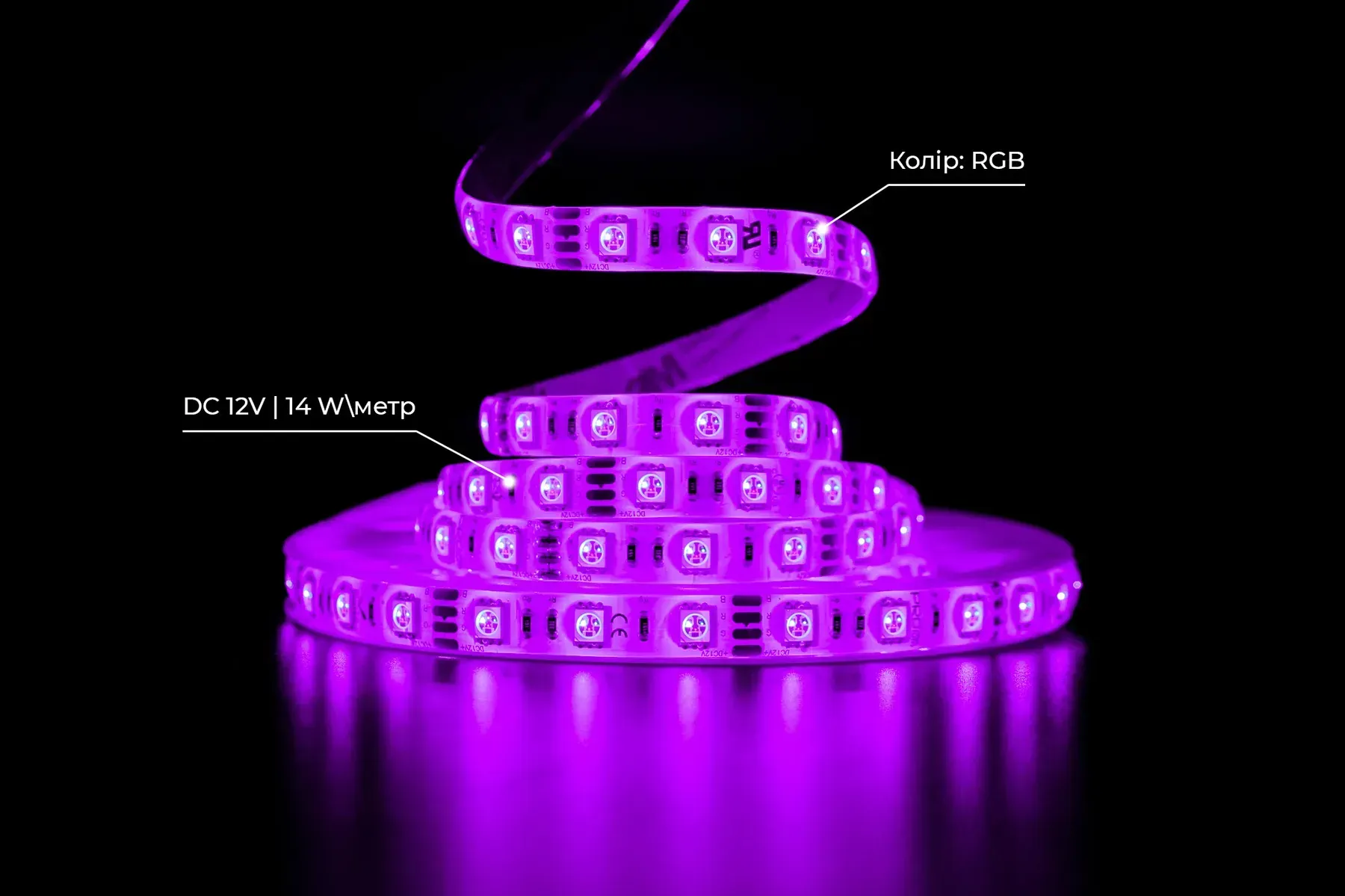 Світлодіодна стрічка PROLUM SG SMD5050 60LED 14.4W/m 12V IP65 RGB RGB світлодіодна стрічка PROLUM SG, LED стрічка 12V, вологостійка світлодіодна стрічка IP65, LED підсвічування фасаду, RGB стрічка для вулиці, декоративне LED освітлення, купити RGB LED стрічку Україна